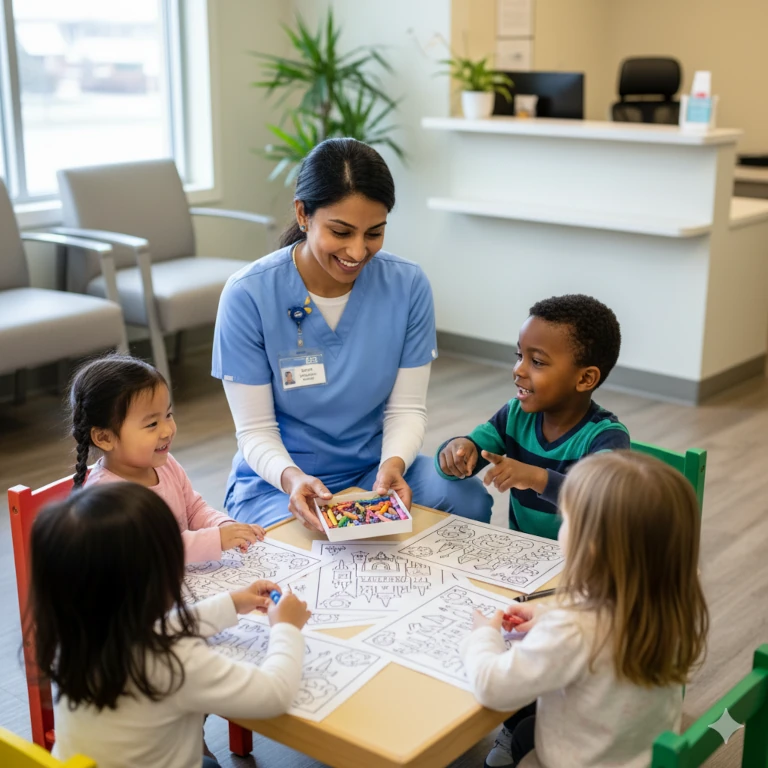 A friendly nurse is handing out coloring pages and crayons to some young patients.