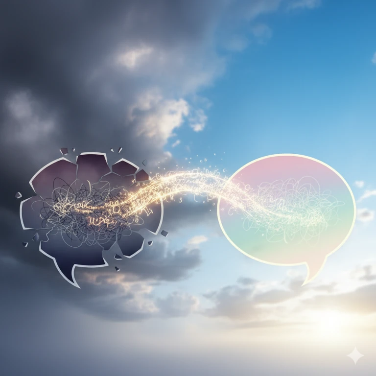 A stormcloud meets a sunny day as two contrasting speech bubbles face off.